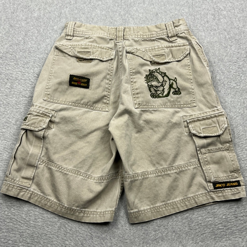 JNCO Jeans Cargo Shorts Youth‎ 14 Tan Bulldog Embroidered Y2K Skater Baggy 90s